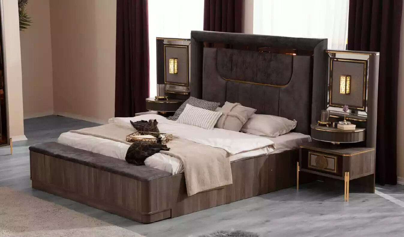 Bedroom Beds Double Bed Grey Fabric Set 4pc Bed Luxury