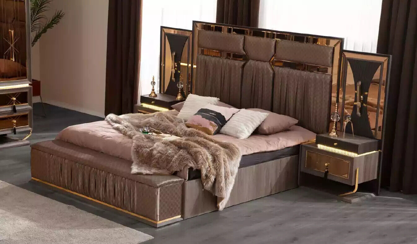 Set double bed beige bedside tables bedroom bed set 4pcs bench