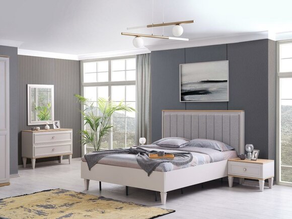 Bedroom set double bed bed bedside tables grey wood set 5 pcs