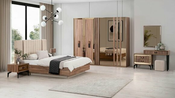 Luxury double bed Bedroom set Bed wooden set 7 pcs Brown Modern