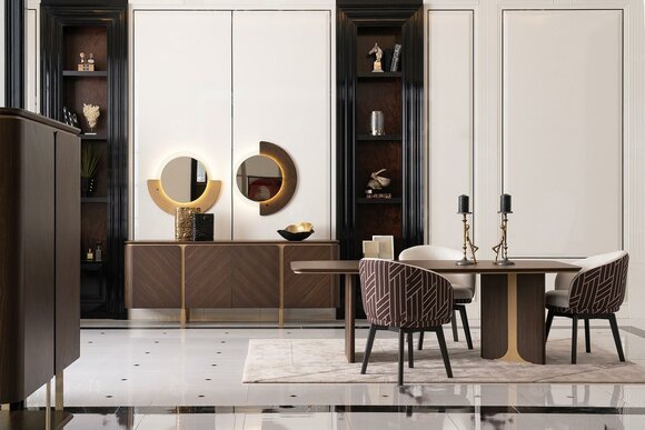 Dining set Dining area Dining room Dining table Chairs 10pcs Brown wood Sideboard