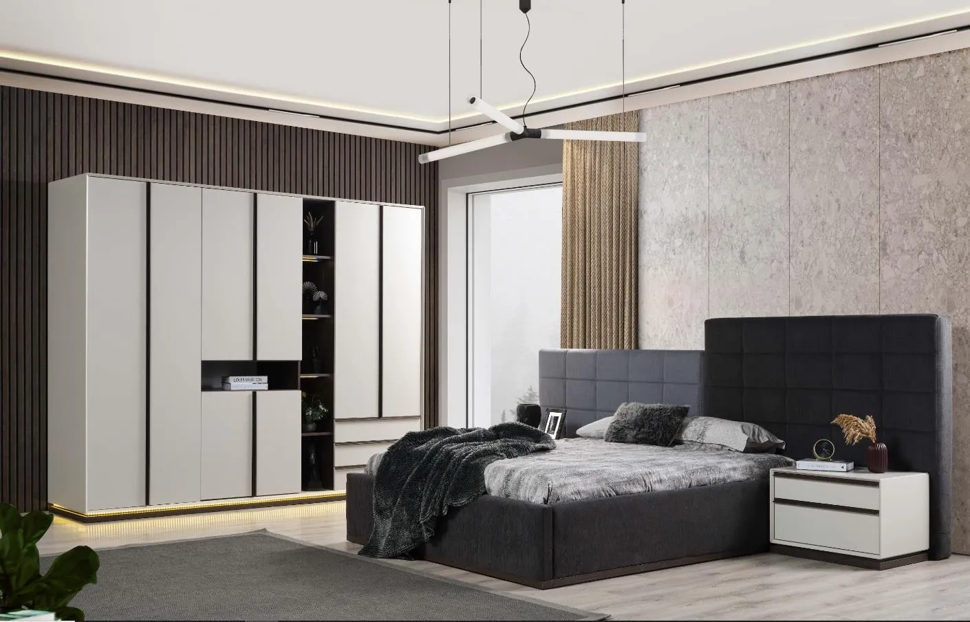 Set double bed bedroom bed bedside tables 4 pcs gray wardrobe