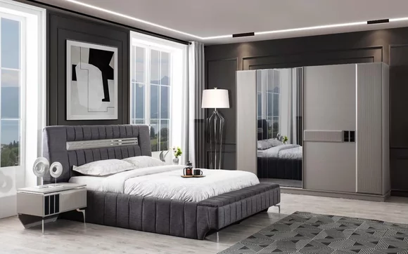 Bedroom set double bed bed bedside tables 4 pieces gray wardrobe