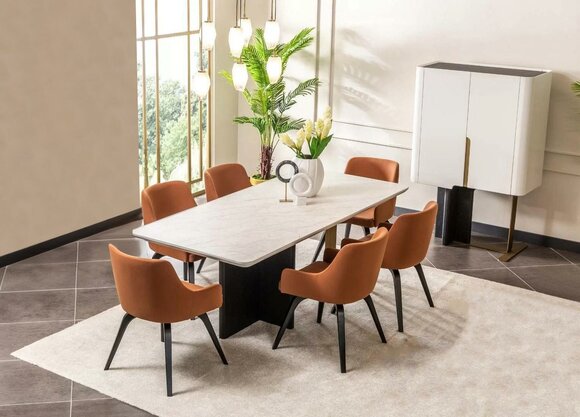 Dining area dining group dining room dining table chairs set 8pcs bar orange wood