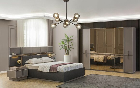 Bedroom set double bed bed bedside tables wardrobe 4 pcs grey
