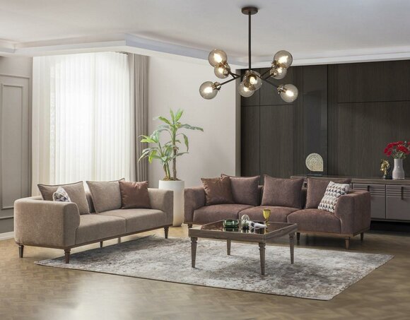 Sofa set four-seater three-seater brown fabric sofa upholstered sofa couch