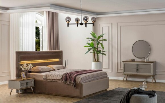Beige bedroom luxury furniture designer double bed 2x bedside tables 5pcs