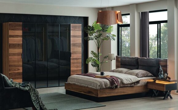 Modern bedroom furniture designer bed 2x bedside tables wardrobe
