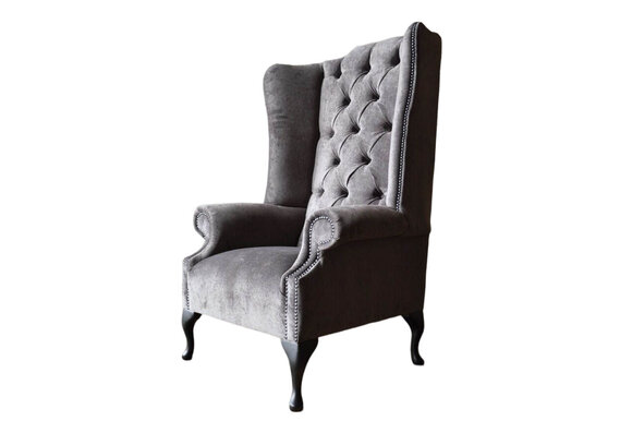 Wing Chair Armchair Grey Design Upholstery Velvet Couch Chesterfield Textile