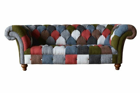 Chesterfield Couch 3 Seater Upholstered Seat Textile Fabric Multicoloured Sofa