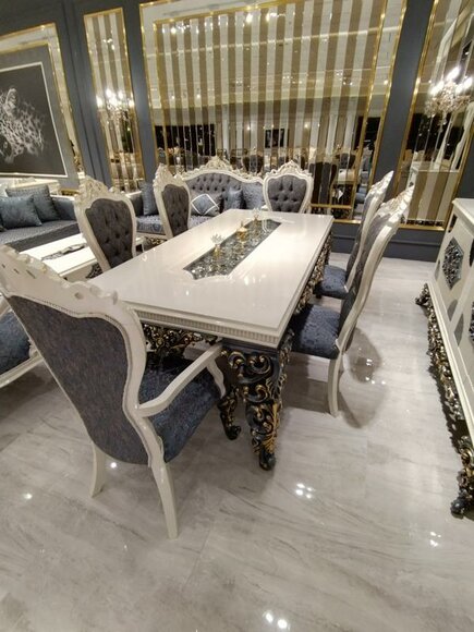 Glamorous Dining Room Set Dining Table + 6x Chairs + Commode with Mirror 8 pcs.