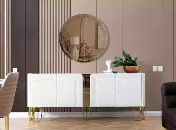 Living room sideboard mirror set luxury modern wood white 2 pcs.