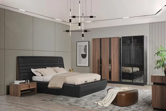 Bedroom set bed 2x bedside tables closet 4 pcs design luxury