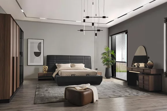 Bedroom bed 2x bedside table design complete set beds brown 5pcs