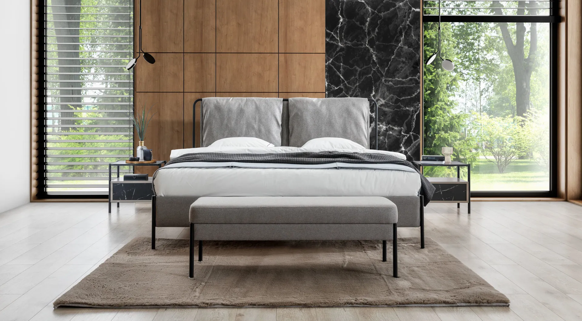 Exclusive bedroom double bed metal frame bench luxury furniture