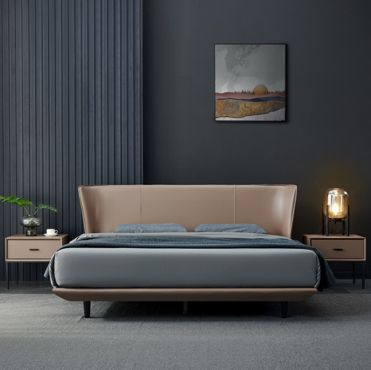 Beige faux leather bedroom double bed designer wooden frame beds