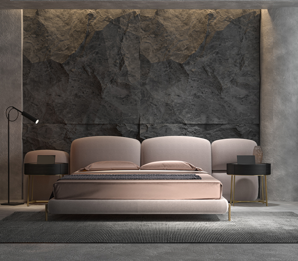 Large beige bedroom double bed Designer wide textile headboard
