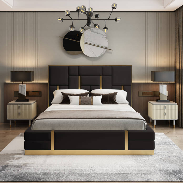 Black bedroom bed designer wood double bed luxury stainless steel bed