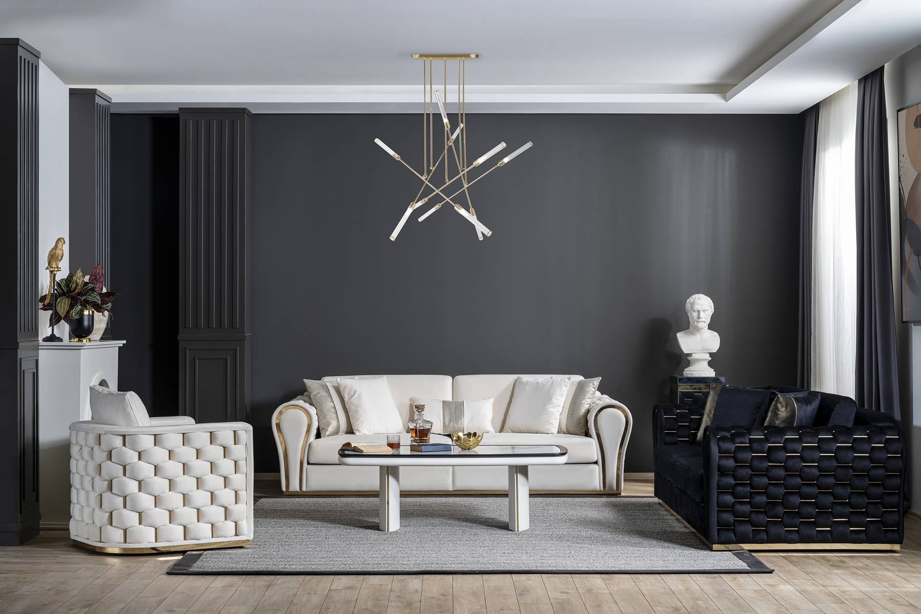 Living Room Seating Set Luxury Three Seater Armchair Designer White Set 3pcs