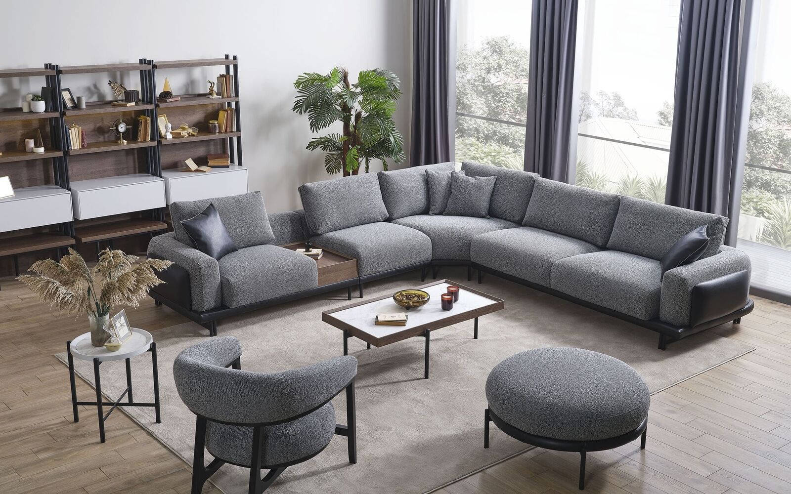 Luxury grey living room set corner sofa L-shaped couch upholstered armchair 3pcs