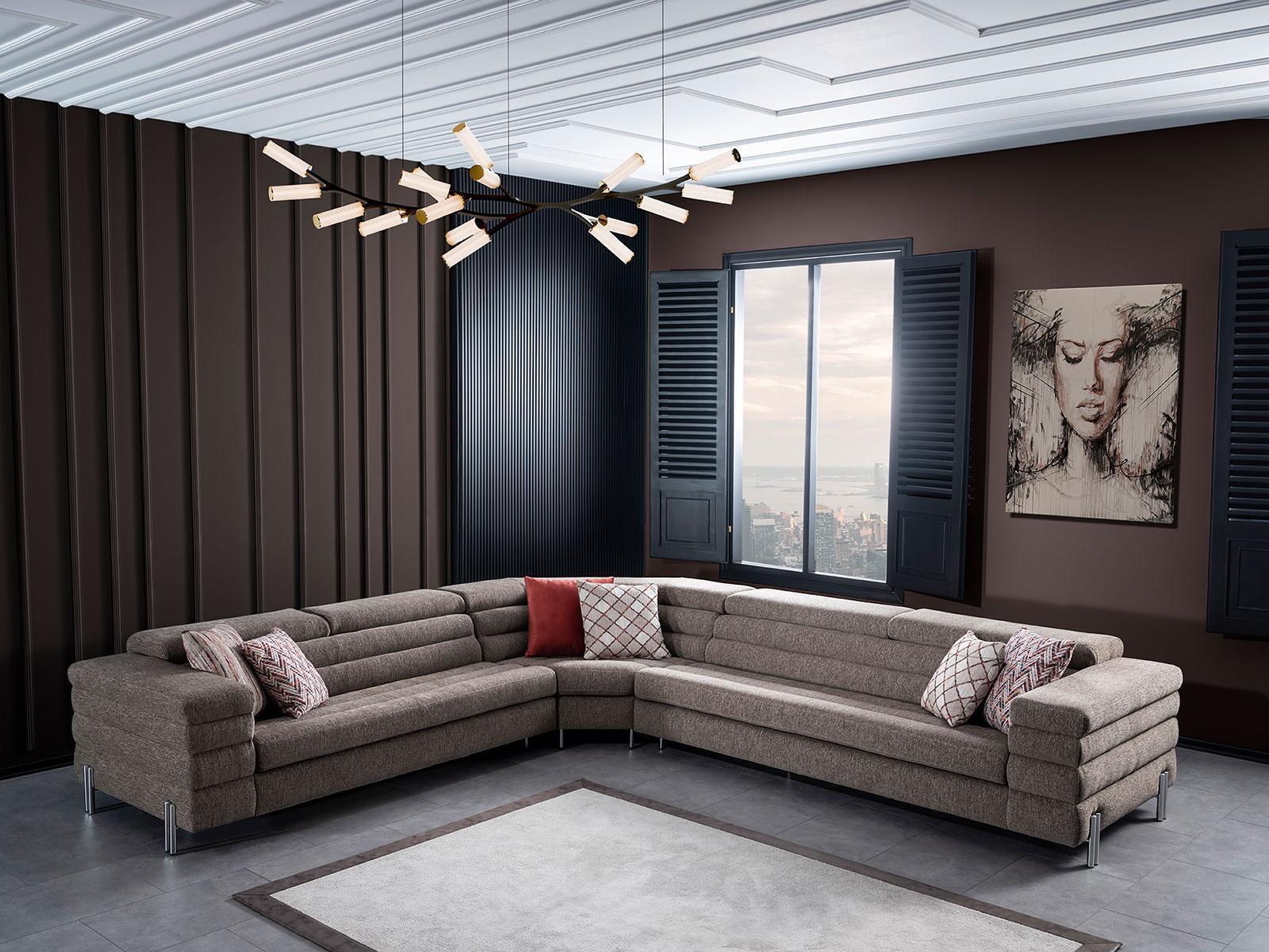 Modern L-shaped beige corner sofa living room upholstered couch wooden frame