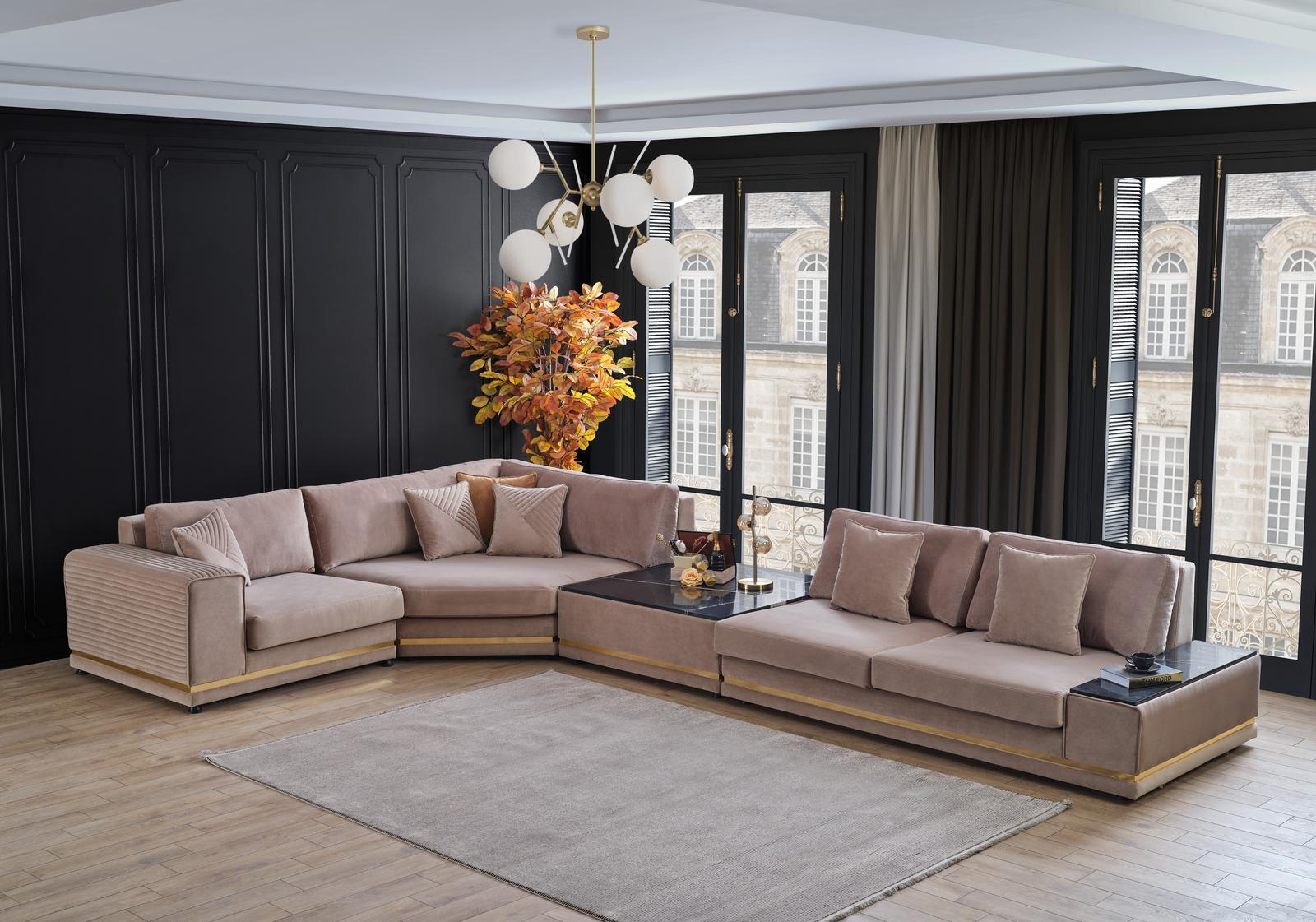 Beige L-shaped sofa Stylish living area Designer couch Upholstered furniture