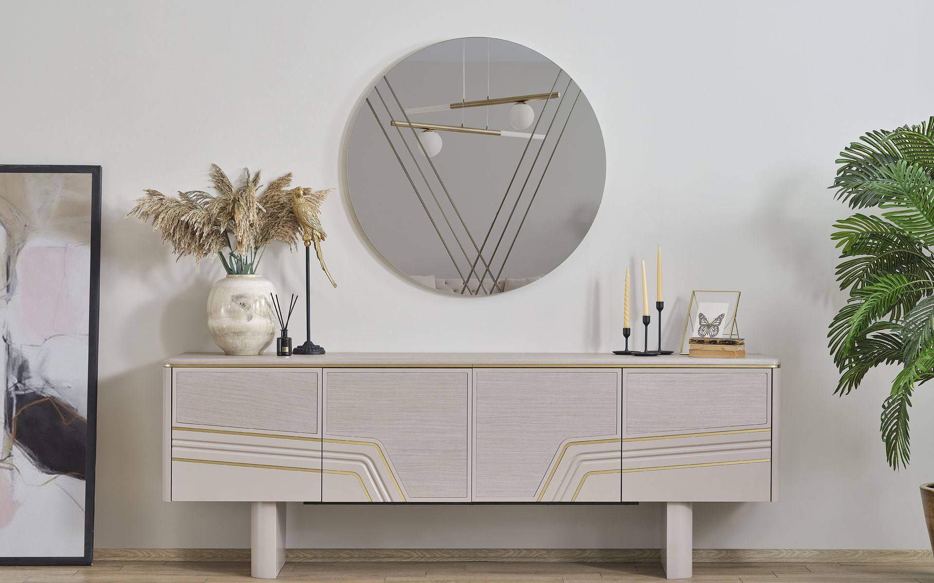 Beige Luxury Wooden Furniture Designer Sideboard Luxury Round Mirror Modern 2pc