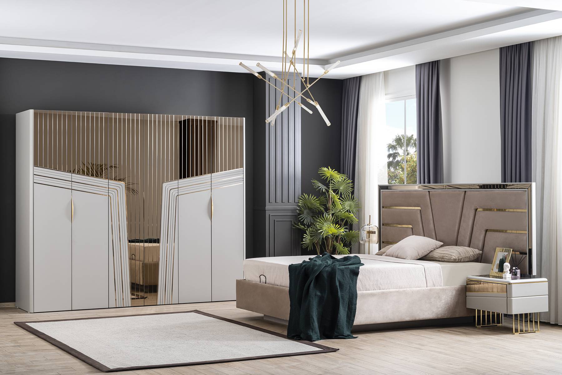 Modern Bedroom Set Designer Bed 2x Bedside Tables Wardrobe