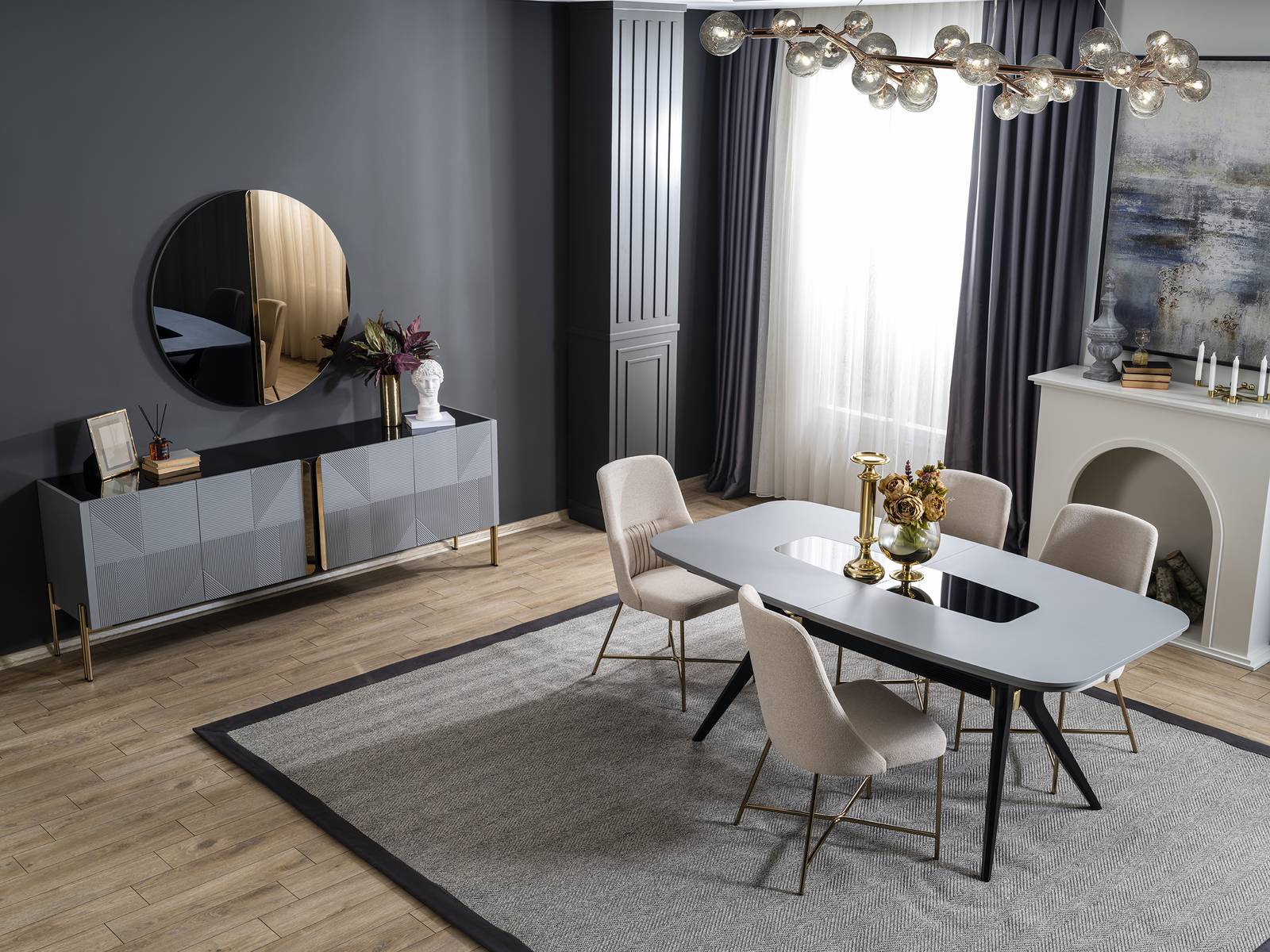 Modern Grey Dining Room Set Wood Furniture Luxury Dining Table Sideboard