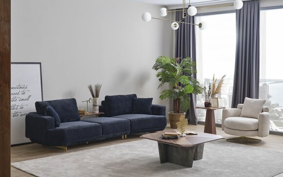 Blue Three Seater White Armchair Designer Living Room Sofa Set 2pcs