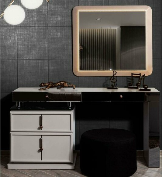 White Dressing Table Designer Rectangular Mirror Upholstered Stool 3pc Set