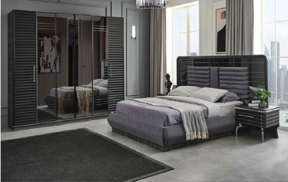 Upholstered bed Wood bedside tables Wardrobe Designer bedroom set