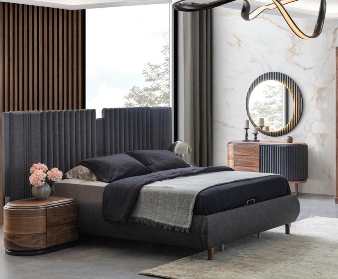 Modern grey bedroom set textile bed wood bedside tables chest of drawers