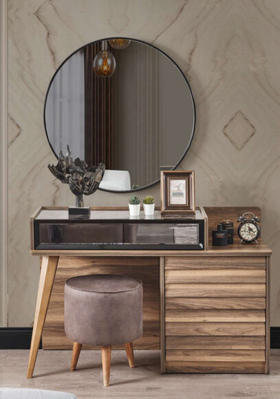 Brown wooden dressing table with round mirror designer bedroom 2-piece set console