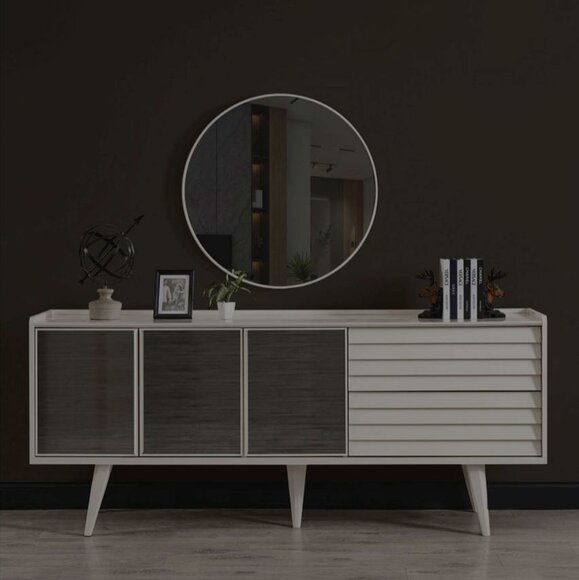 White sideboard Luxurious round mirror Designer wooden furniture 2-piece set New