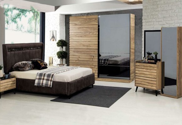 Bedroom furniture Designer upholstered bed 2x bedside tables Wardrobe