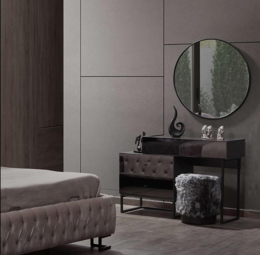 Designer grey dressing table round mirror upholstered stool luxury 3-piece set