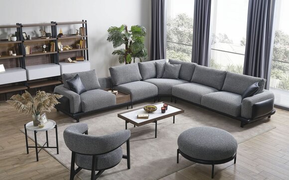 Grey living room suite Luxury corner sofa L-shaped couch Coffee table Stool