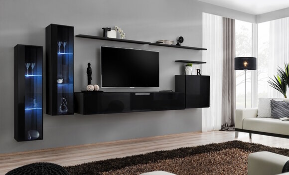 Black Wall Unit Set Living Room Wall Shelf Luxury Showcase Complete Set