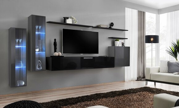 Designer Black Wall Unit Sideboard Wall Cabinet TV Stand Luxury Set