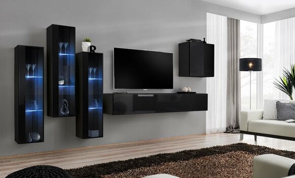Black Wall Unit Living Room Set Showcase Cabinet Wall Shelf 5 pcs. Furniture