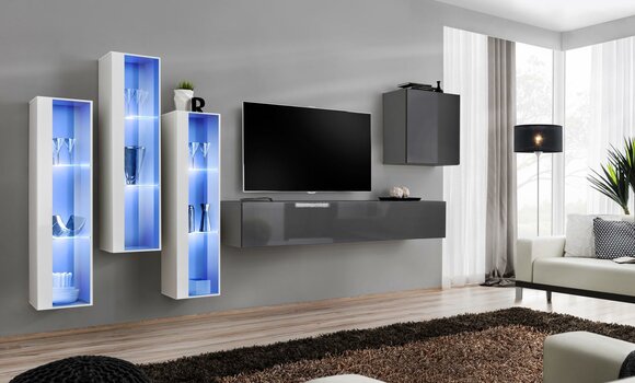 Wall Unit Grey Modern High Gloss TV Stand Wooden Furniture Furnishing Set