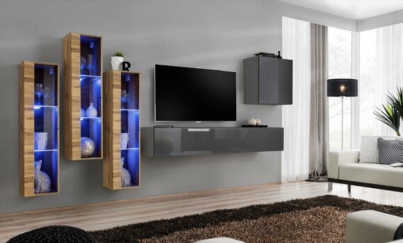 Luxury Wall Unit Grey High Gloss TV Stand Designer Sideboard Living Room Set