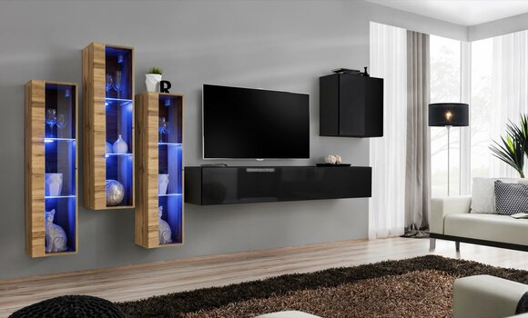 Wall Unit Furniture Living Room Luxury High Gloss TV Stand Black Wood Complete New