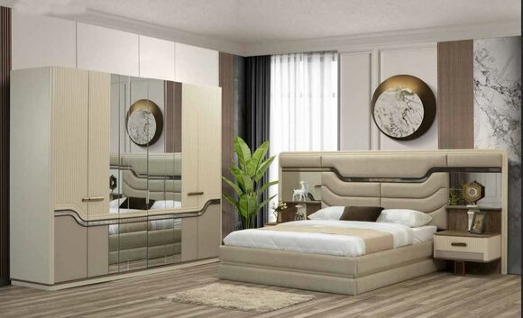 Modern furniture bedroom luxurious set 4pcs beige bedside table wardrobe bed