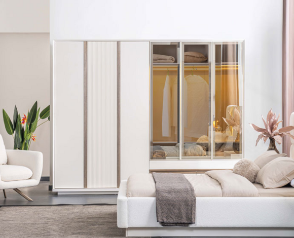White wardrobe Bedroom wardrobe Sturdy 6-door glass wardrobe