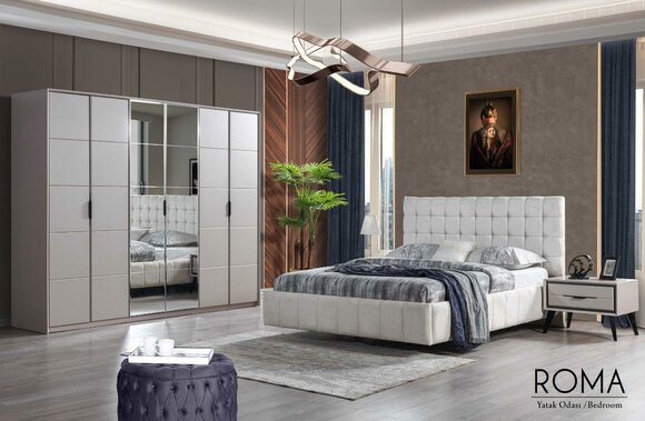 White Bedroom Set Luxury Furniture Upholstered Bed Wood Wardrobe