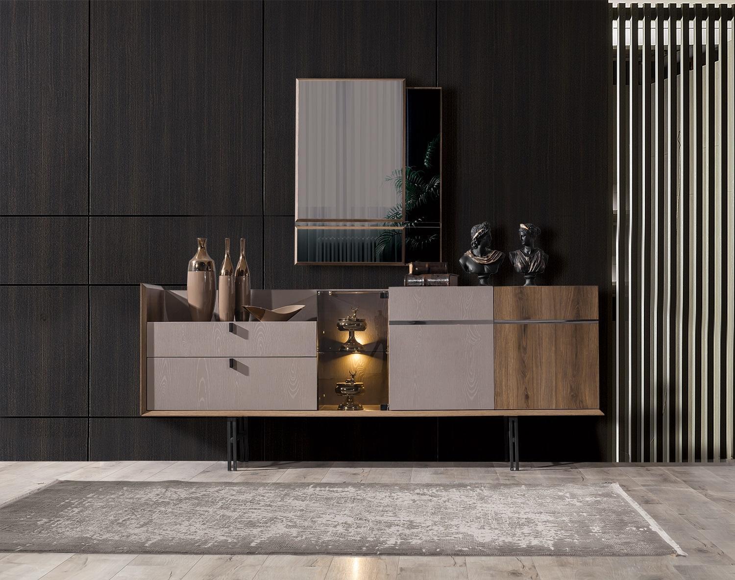Perfect dining room set Designer LED sideboard Modern glass mirror 2 pcs