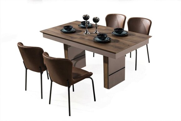 Brown dining room set Luxury adjustable dining table 4x textile chairs