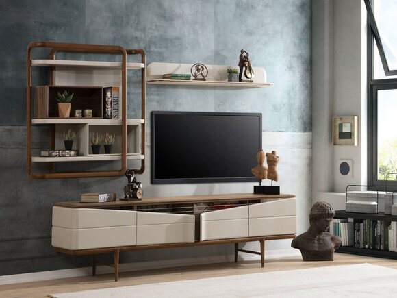 Beige Living Room Set RTV-Lowboard 2x Shelves Wood Designer Furniture